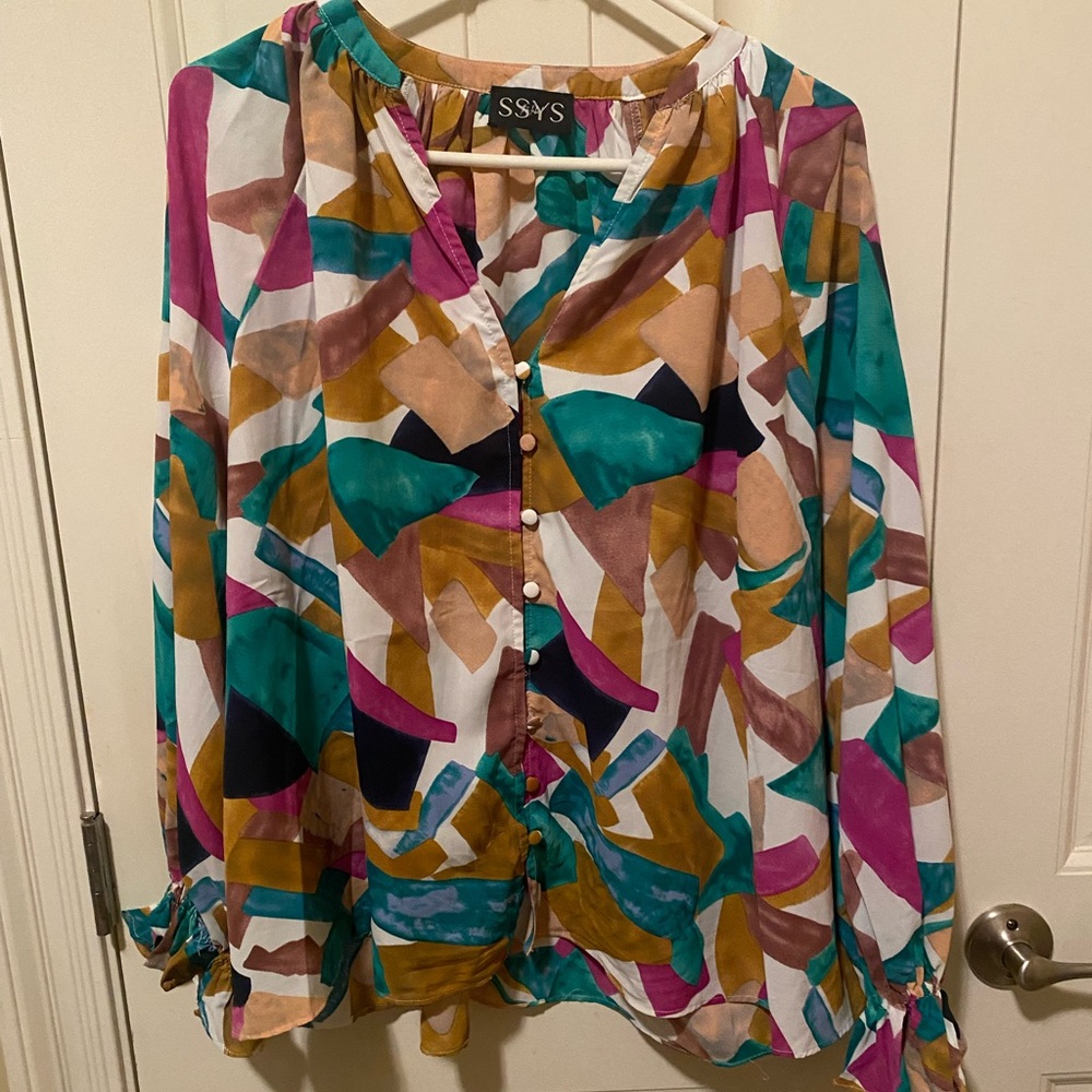 SSYS Multicolor Abstract Print Long-Sleeve Blouse in Teal & Magenta Size M
